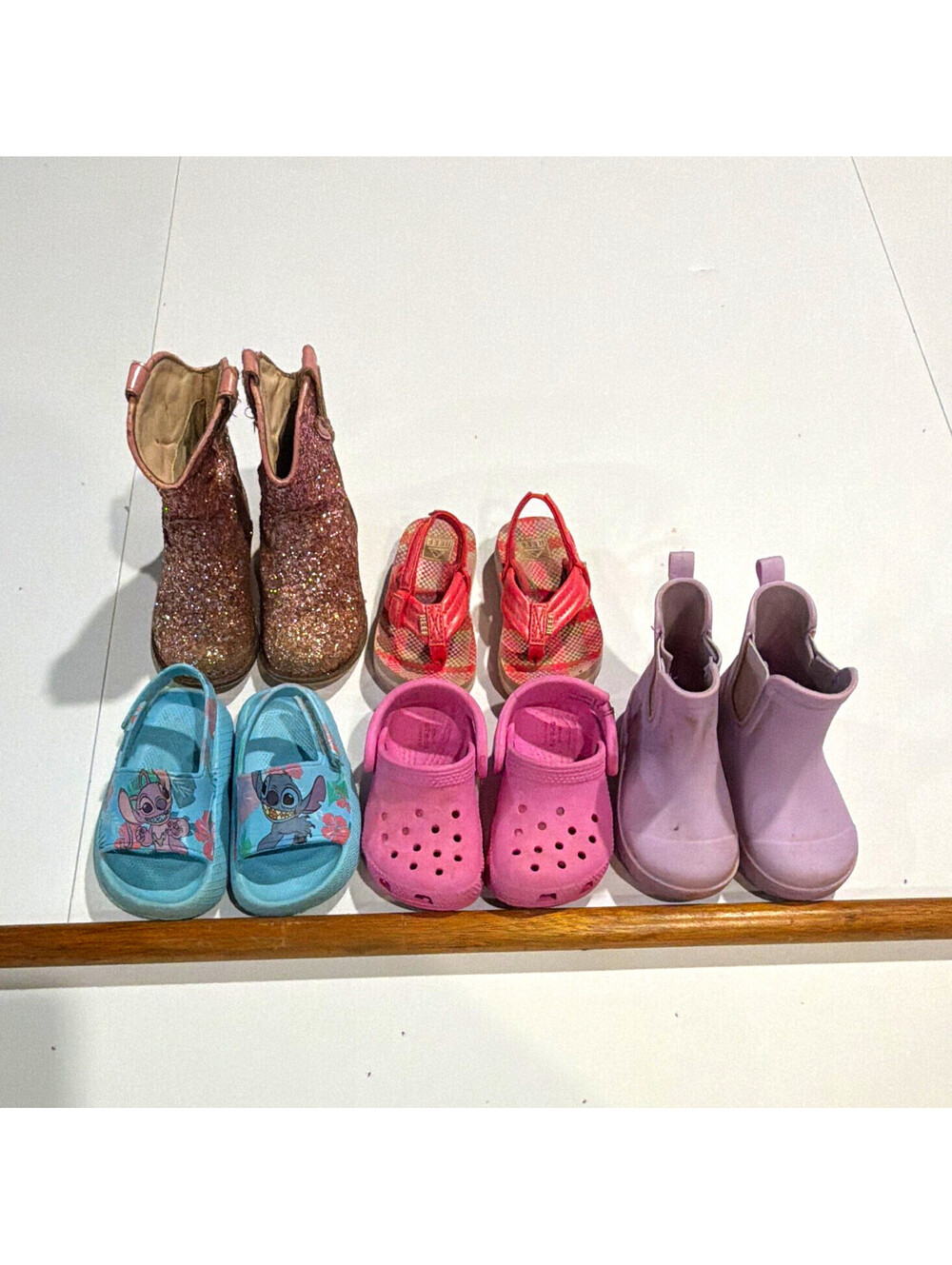 Baby Girl 5-Pair Shoe Lot Crocs Clogs Reef Flip Flops Lilo & Stitch Check